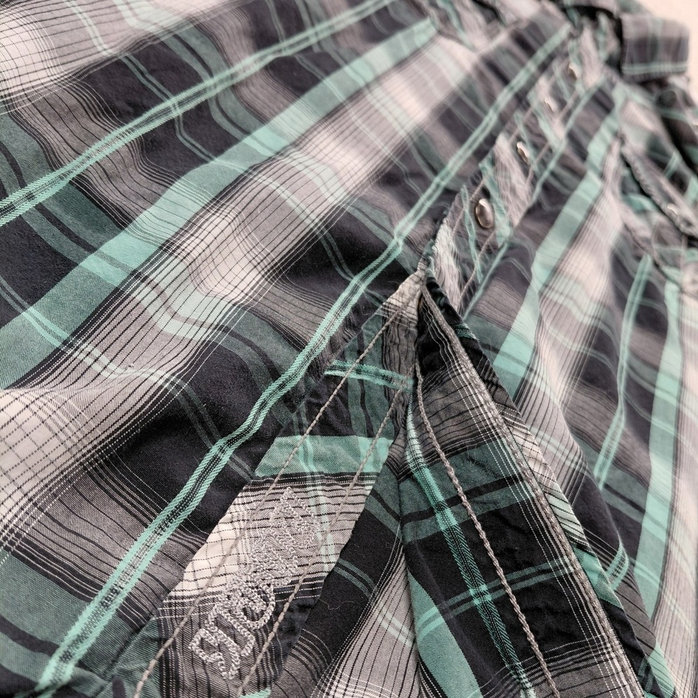Rock & Roll Cowboy Shirt Men L Green Plaid Pearl Snap Thick Stitch Western Rodeo - Picture 10 of 16